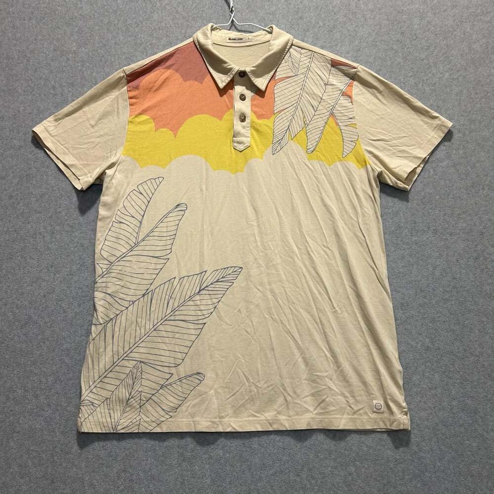 Marine Layer Men’s Beige Natural Sunset Palm Leaf’s Graphic Polo Size L